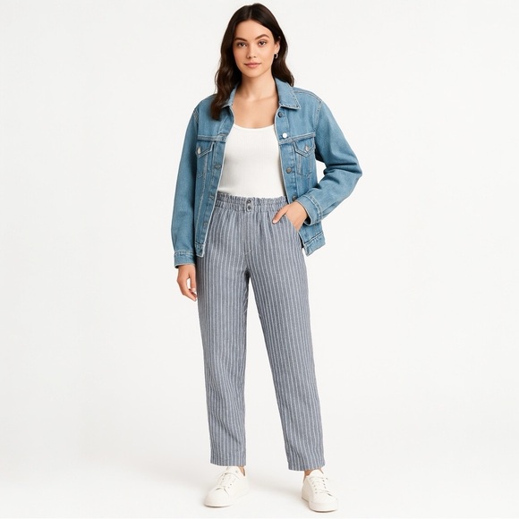 Briggs Striped Stretch Waistband Linen Blend Straight Leg Pull On Pants Size M - Picture 1 of 11